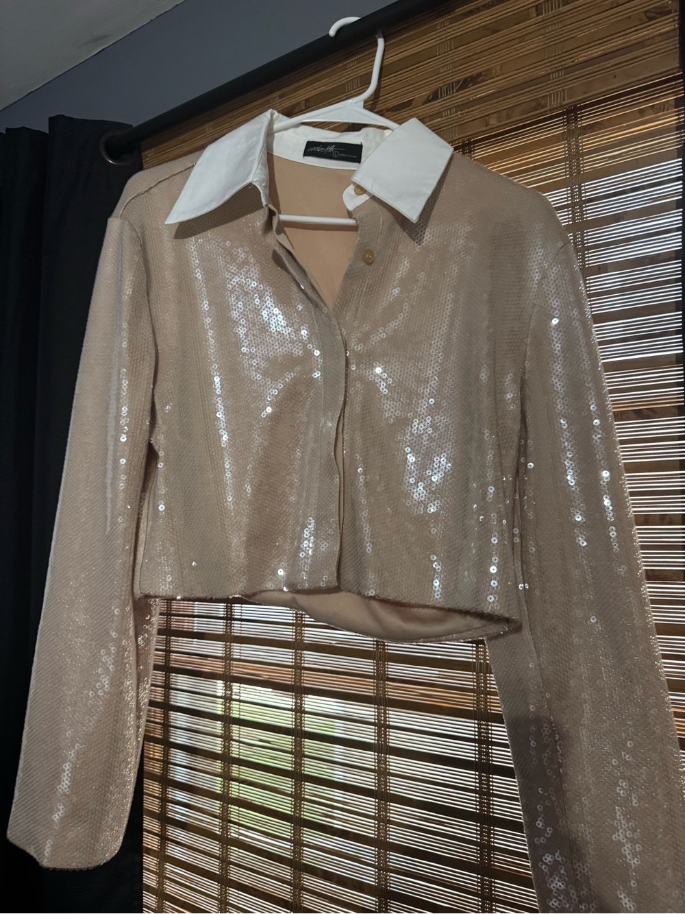 Sequin Cropped Button-Front Top with White Collar - Nude